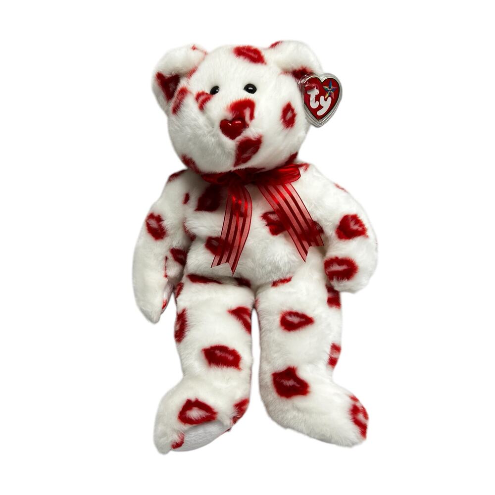 Ty Beanie Buddies Collection Smooch Kiss Print Bear 2001 Employee Design 14"